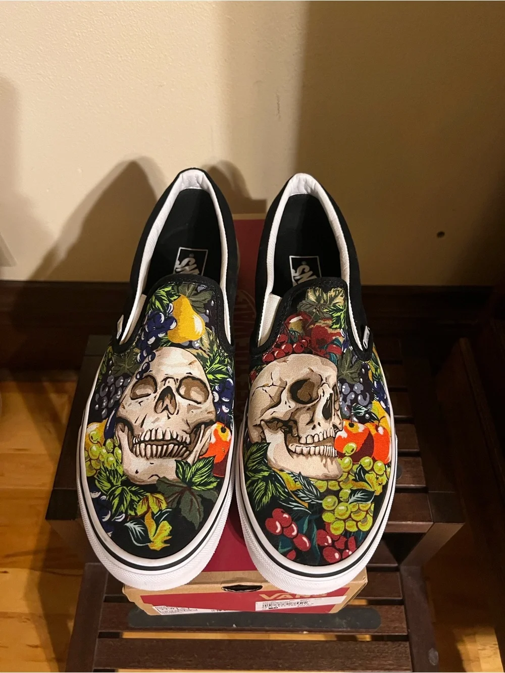 Unique Vans Black Canvas Slip-On with Colorful Skull & Fruit Print